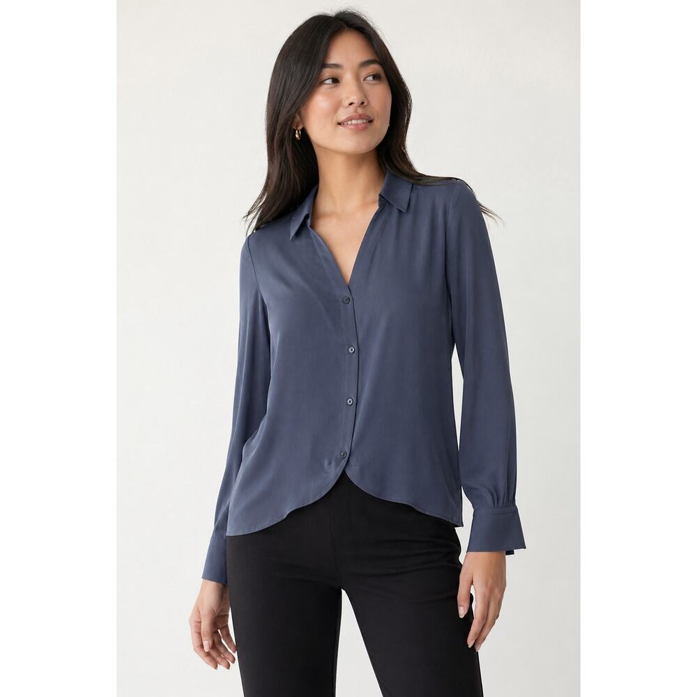 Madeleine Silk Blend Blue Button Front Blouse Long Sleeve NWT US 6 EU 36